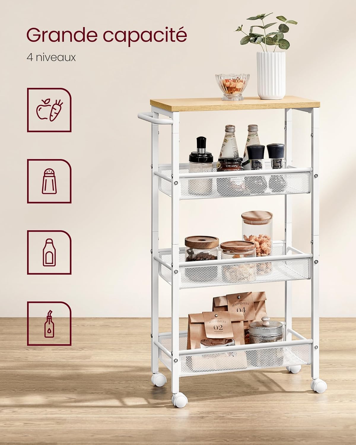 VASAGLE - étagère cuisine 4 niveaux - 22x45,4x77 cm - acier, roulettes, poignée, LRC033W09
