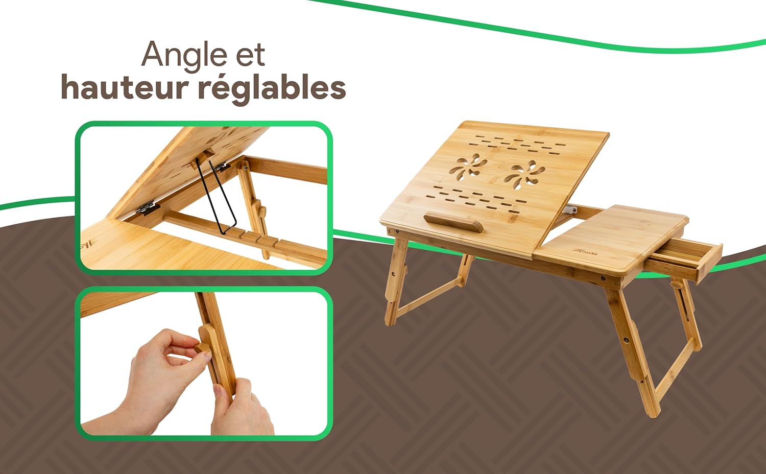 Table de lit en bambou – réglable, avec tiroir, tapis souris, 60x34cm, organisateur câbles