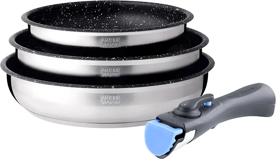 Arthur Martin - set 3 poêles inox poignée amovible induction - AM9728