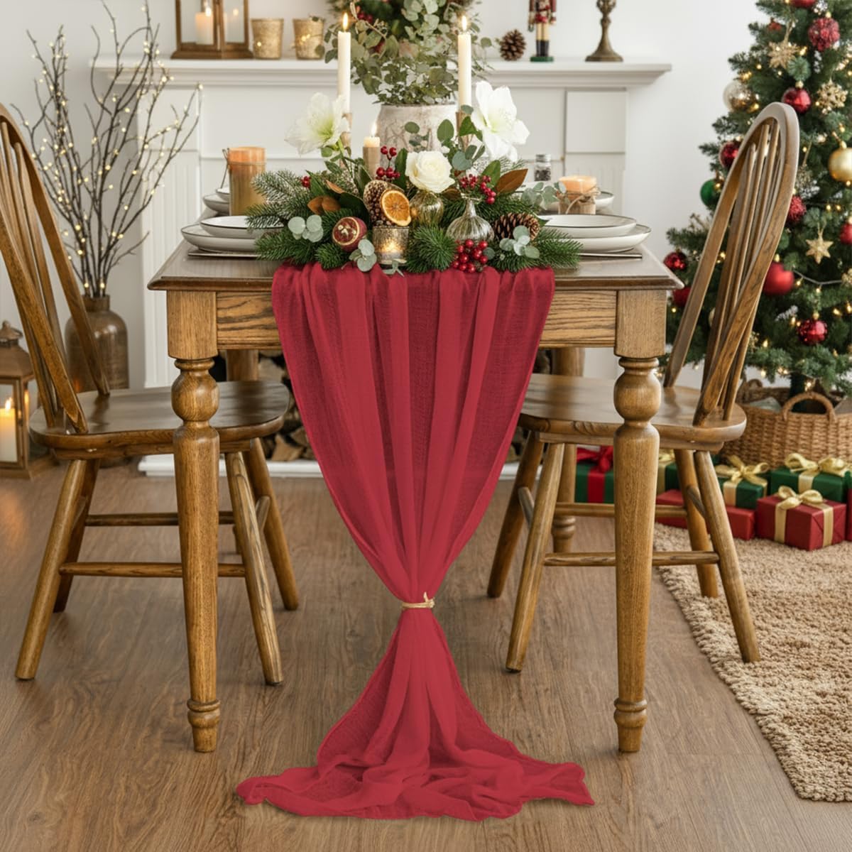 Artoid Mode - Chemin de table bohème, rouge, 400 cm, gaze de coton