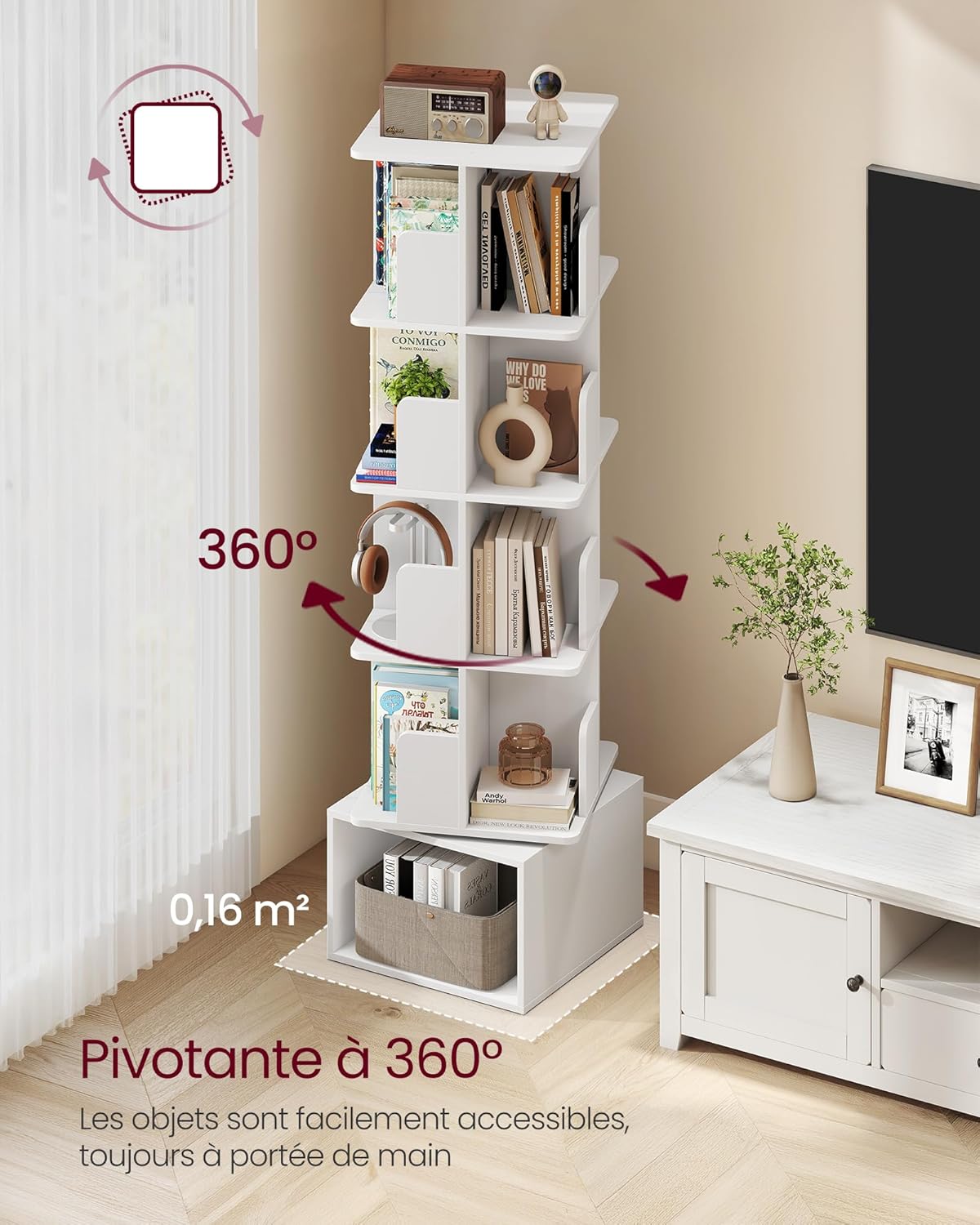 VASAGLE - Custos Collection - 40x40x155,8 cm - bibliothèque pivotante 5 niveaux, rotation 360°, blanc LBC472WB01