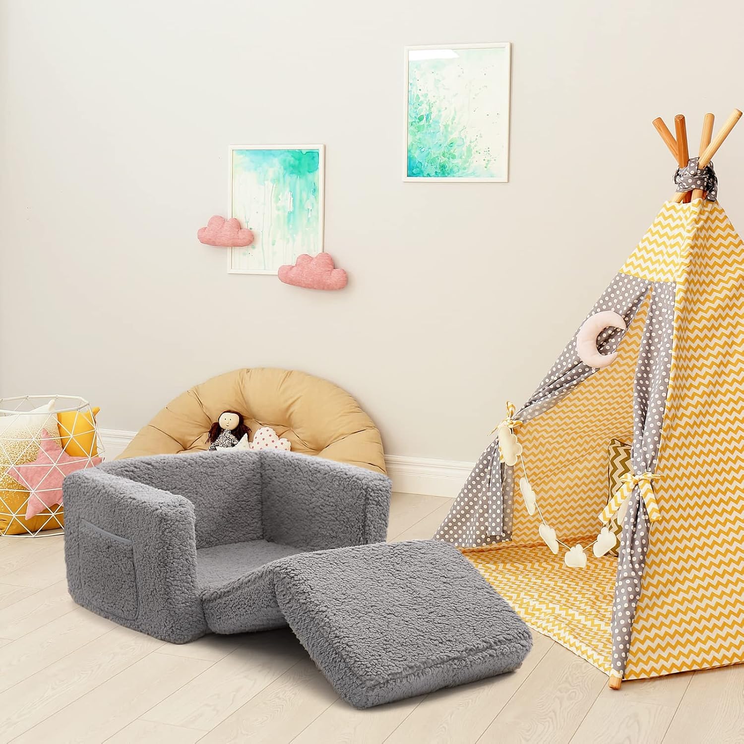 BEJOY - fauteuil enfant convertible 2-en-1, tissu Sherpa, gris, confortable