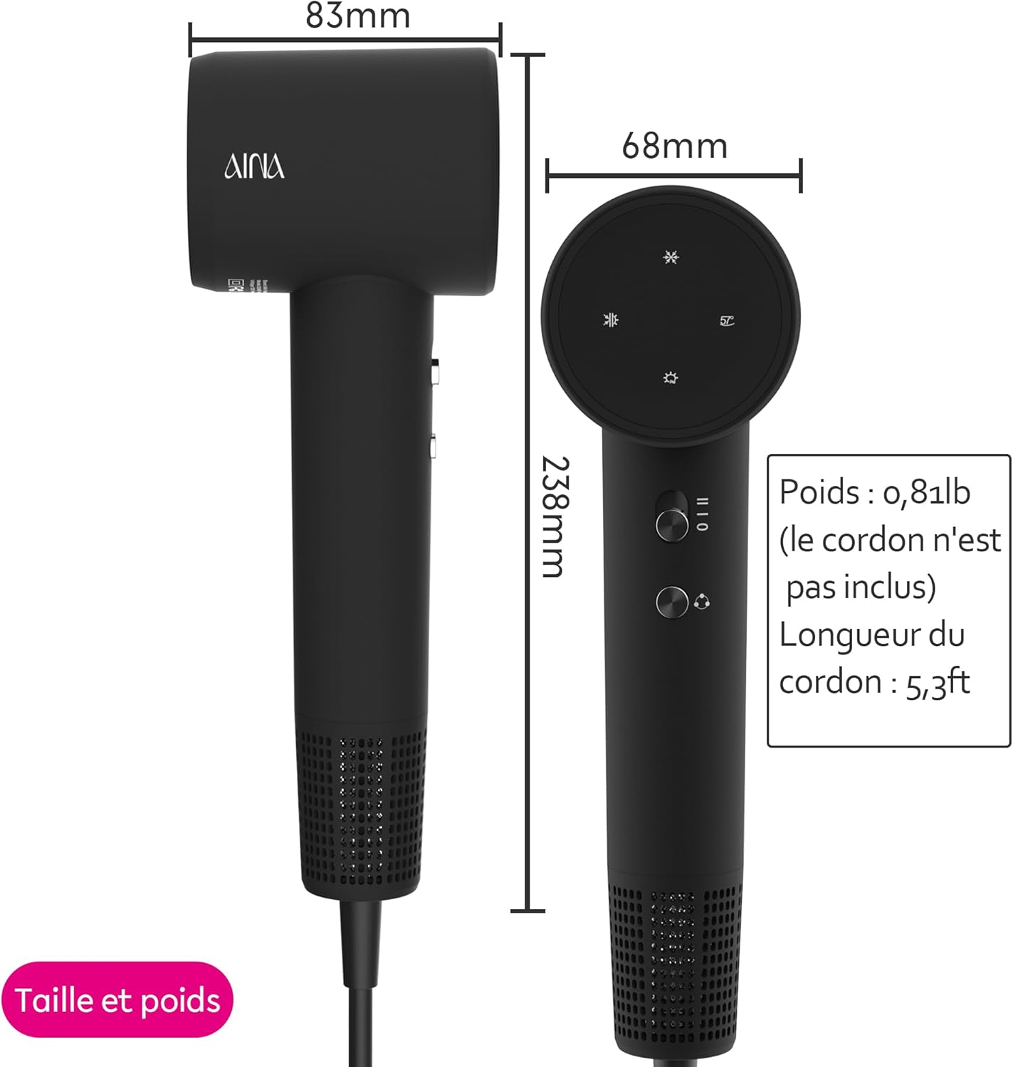 AINA - sèche-cheveux compact, ionisant, léger, 150000 tr/min - 1A Noir