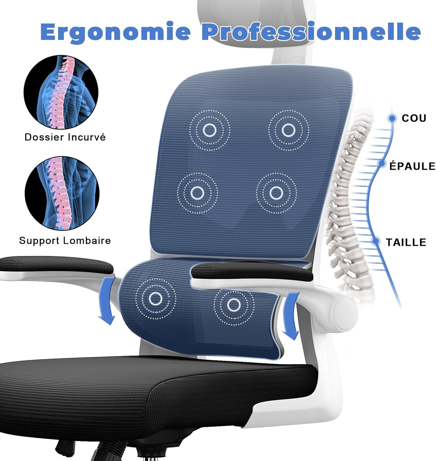 Chaise de bureau ergonomique - support lombaire C - réglable, maille, noir/blanc, appui-tête, accoudoirs réversibles