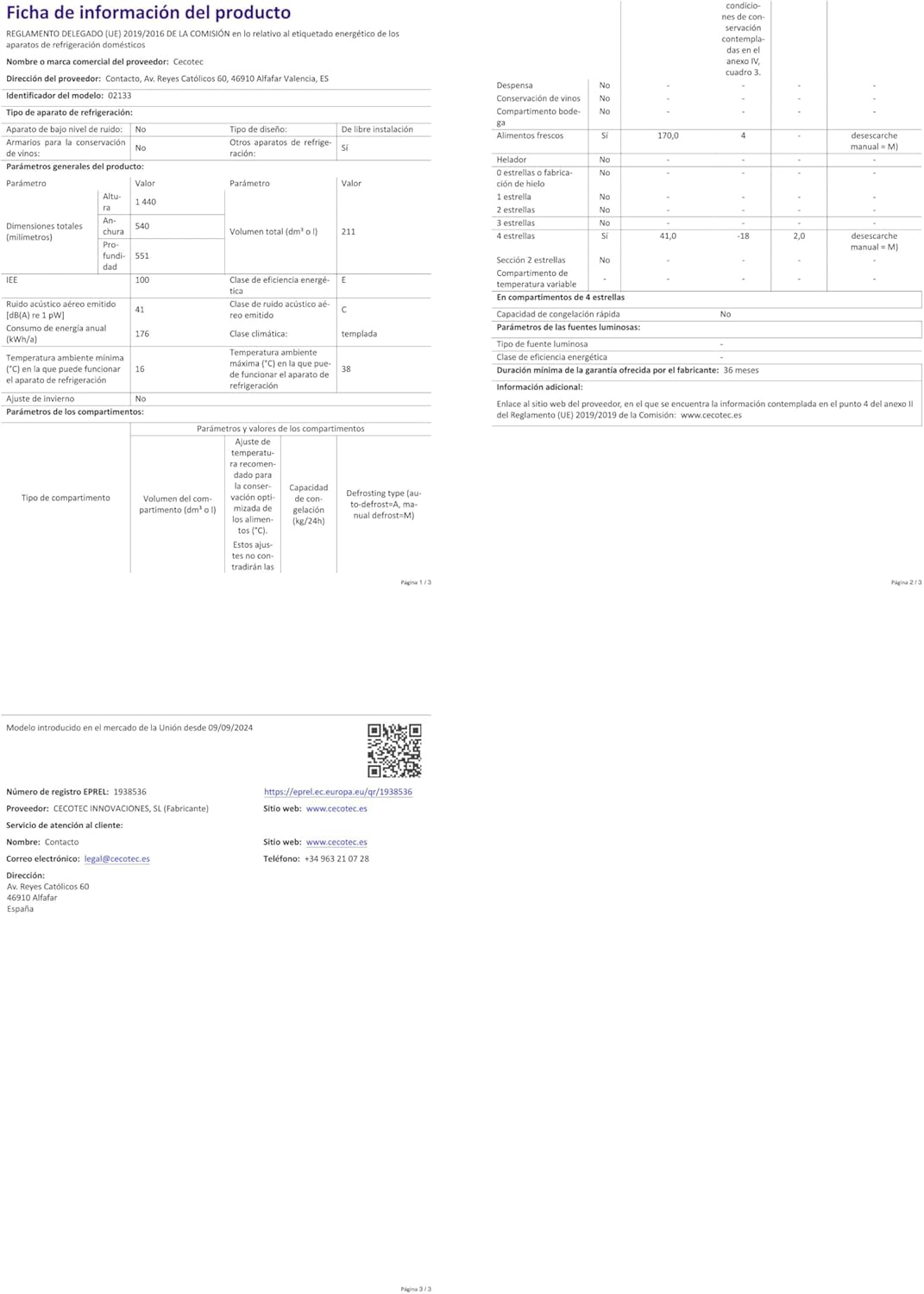 Cecotec - Bolero CoolMarket - 211L - froid auto, classe E, portes réversibles, LED, congélation rapide