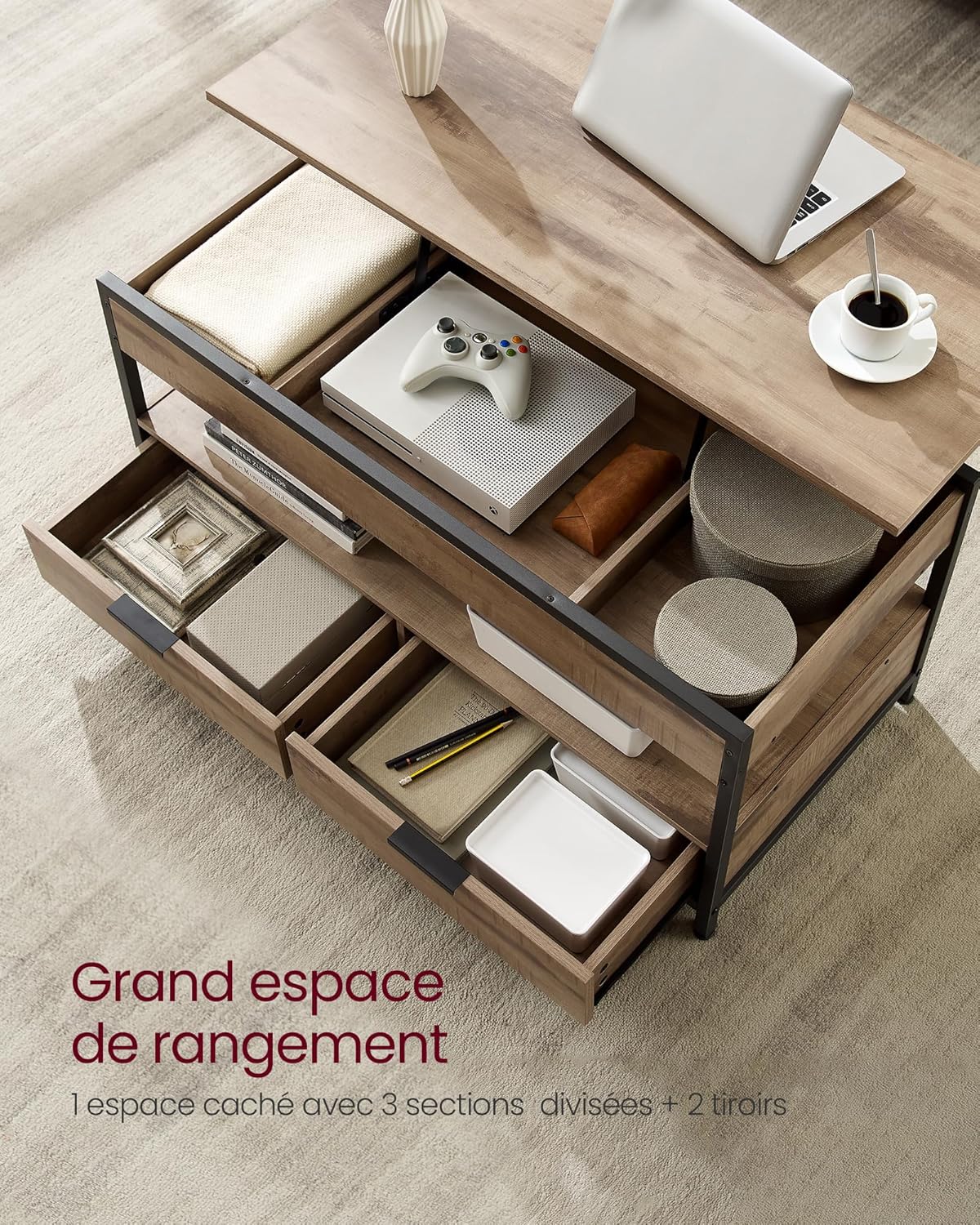 VASAGLE - table basse série LCT209K02 - espaces de rangement, plateau relevable, marron camel/ noir - LCT209K02