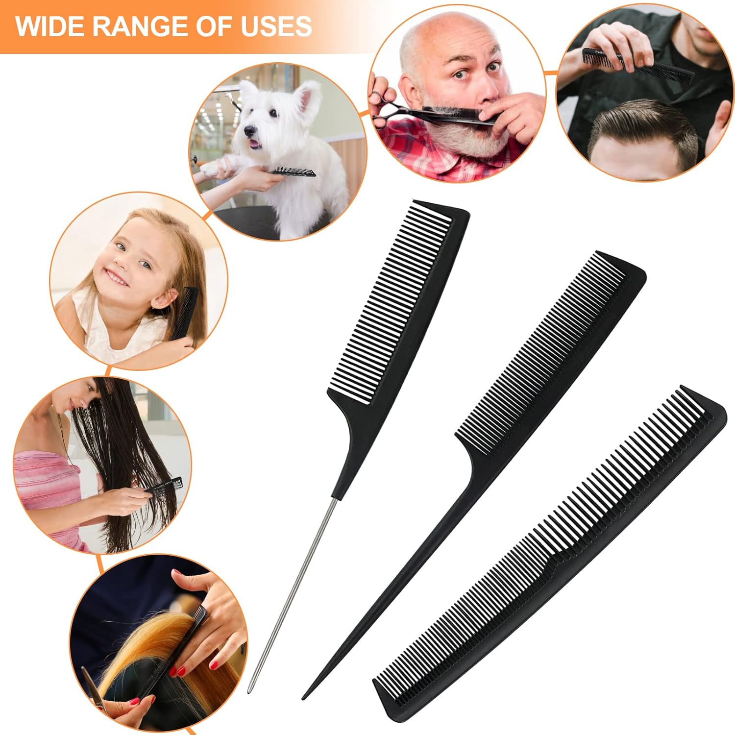 Peigne cheveux - Set 3 peignes carbone - fins, antistatiques, salon, homme