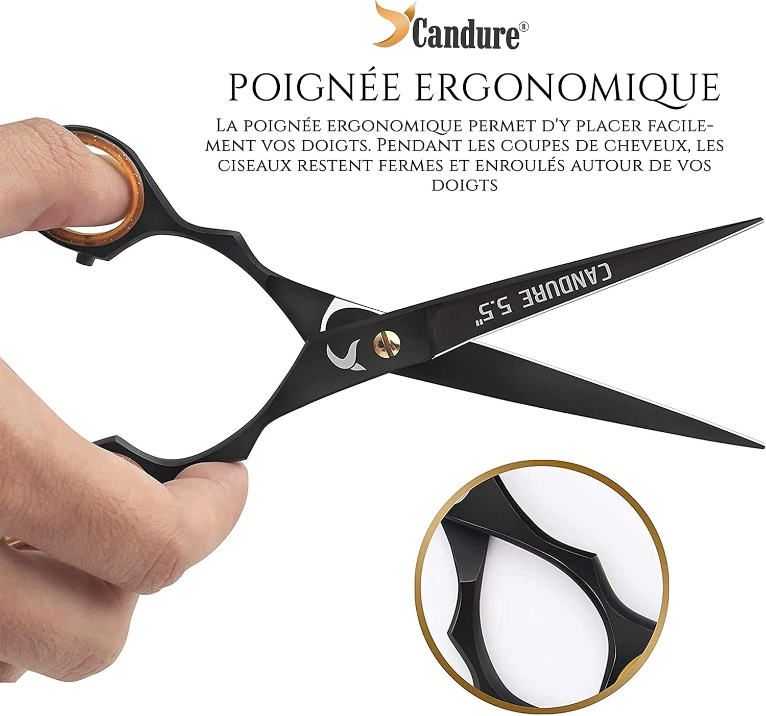 Candure - Ciseaux de coiffure Salon Pro - 5,5 pouces - Lames noires, coupe précise
