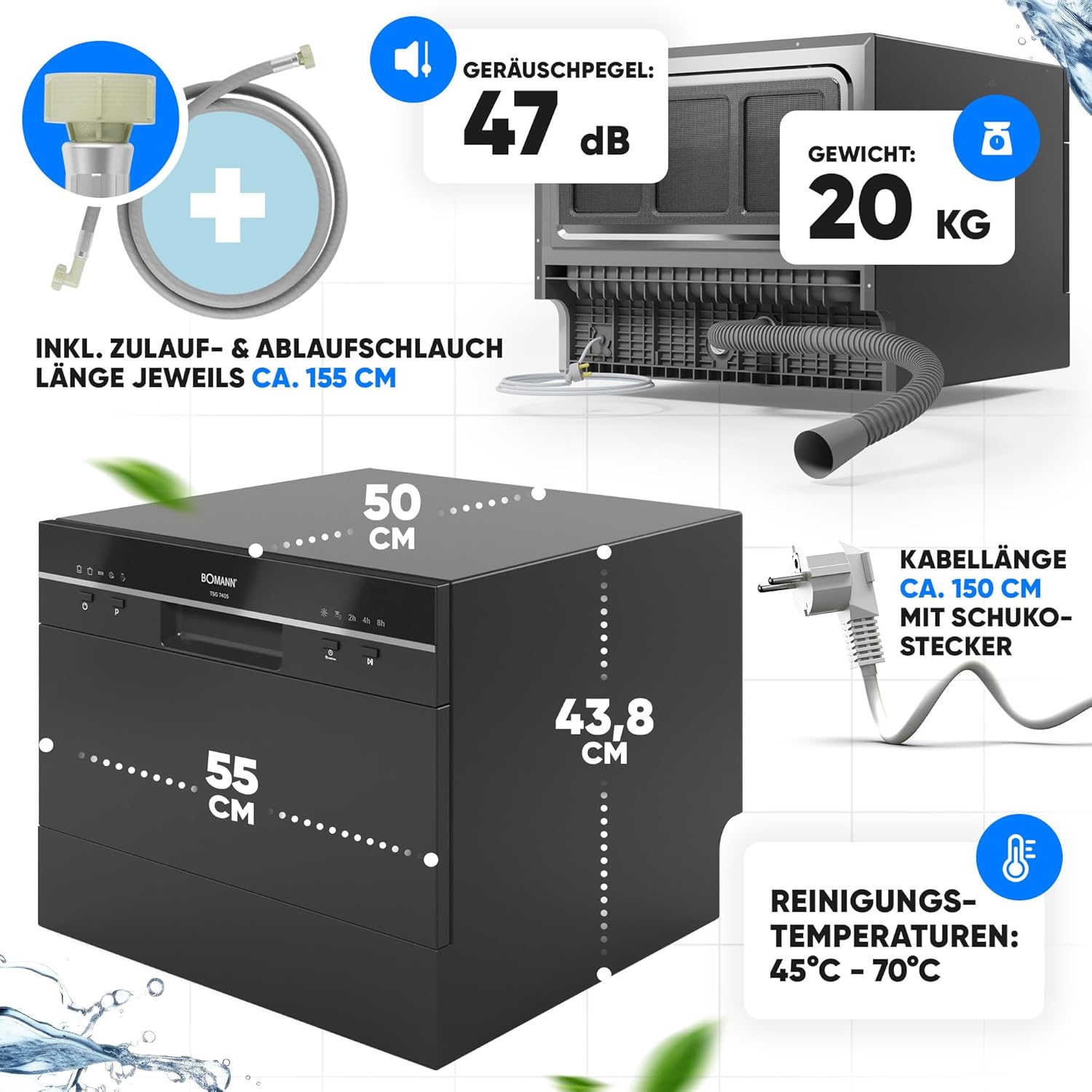 Bomann - lave-vaisselle compact - design élégant, 6 réglages, 47dB, TSG7405