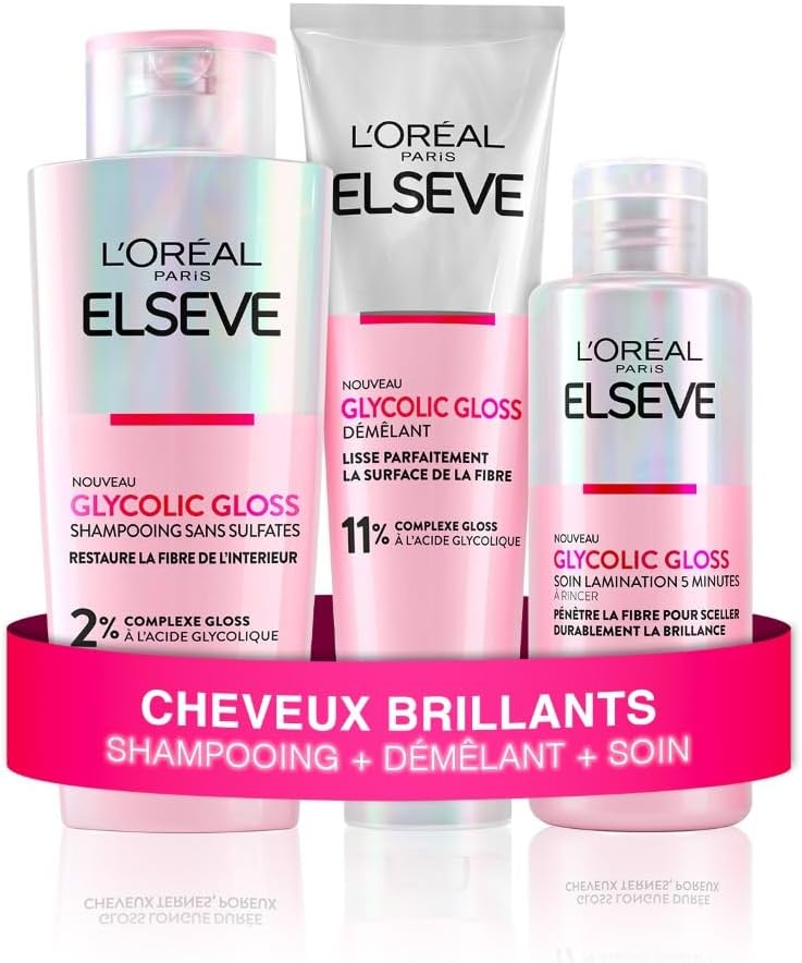 L'Oréal Paris - Elseve Glycolic Gloss - Routine cheveux ternes - sans sulfates - pack 3 soins