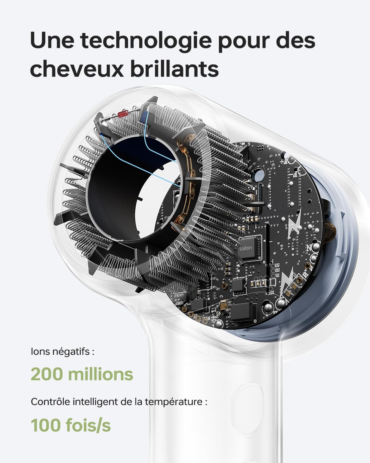 Laifen - Mini Sèche-cheveux bleu - 299g - ions négatifs, moteur brushless, séchage rapide, buse magnétique