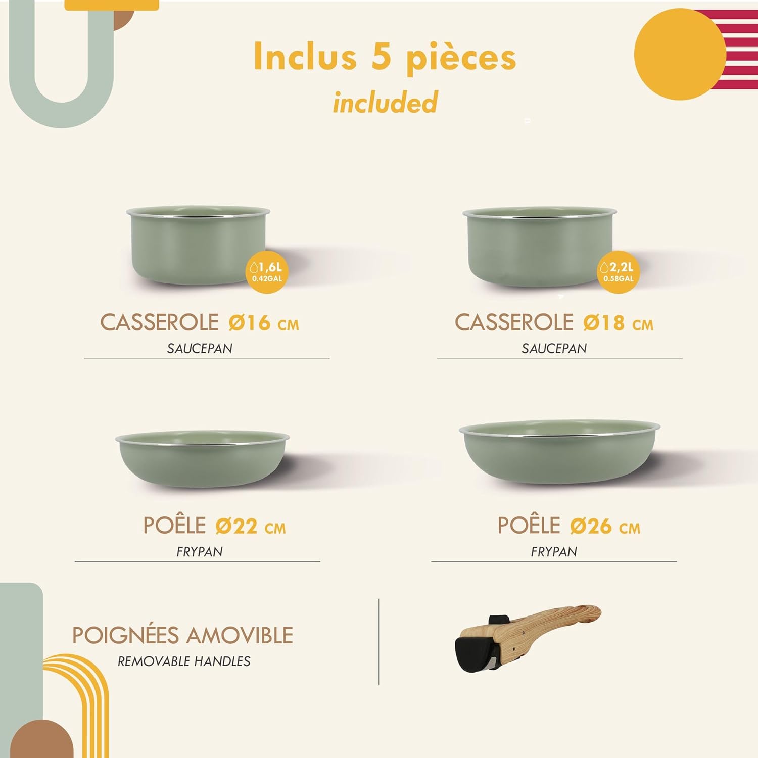 MENASTYL - Colorama - 2 poêles, 2 casseroles, poignée - céramique induction, sans PFAS