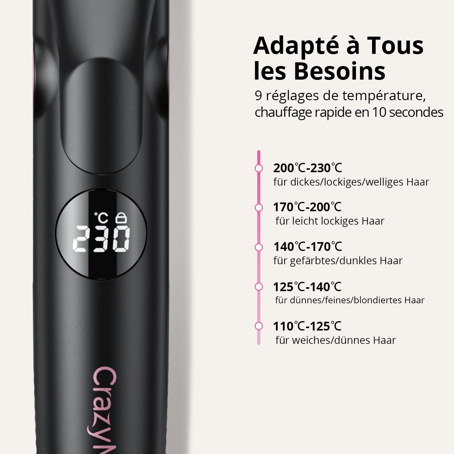 Lisseur boucleur 2-en-1 - 9 températures, ionique, cool air, 110-230°C, coiffure maison & voyage