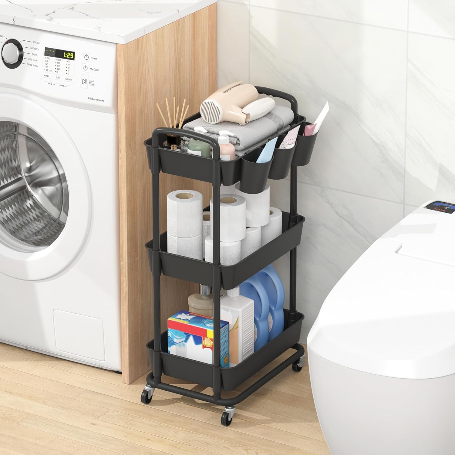 JIUYOTREE - Chariot 3 niveaux, roulettes verrouillables, poignées, gobelets, 79x42x36cm