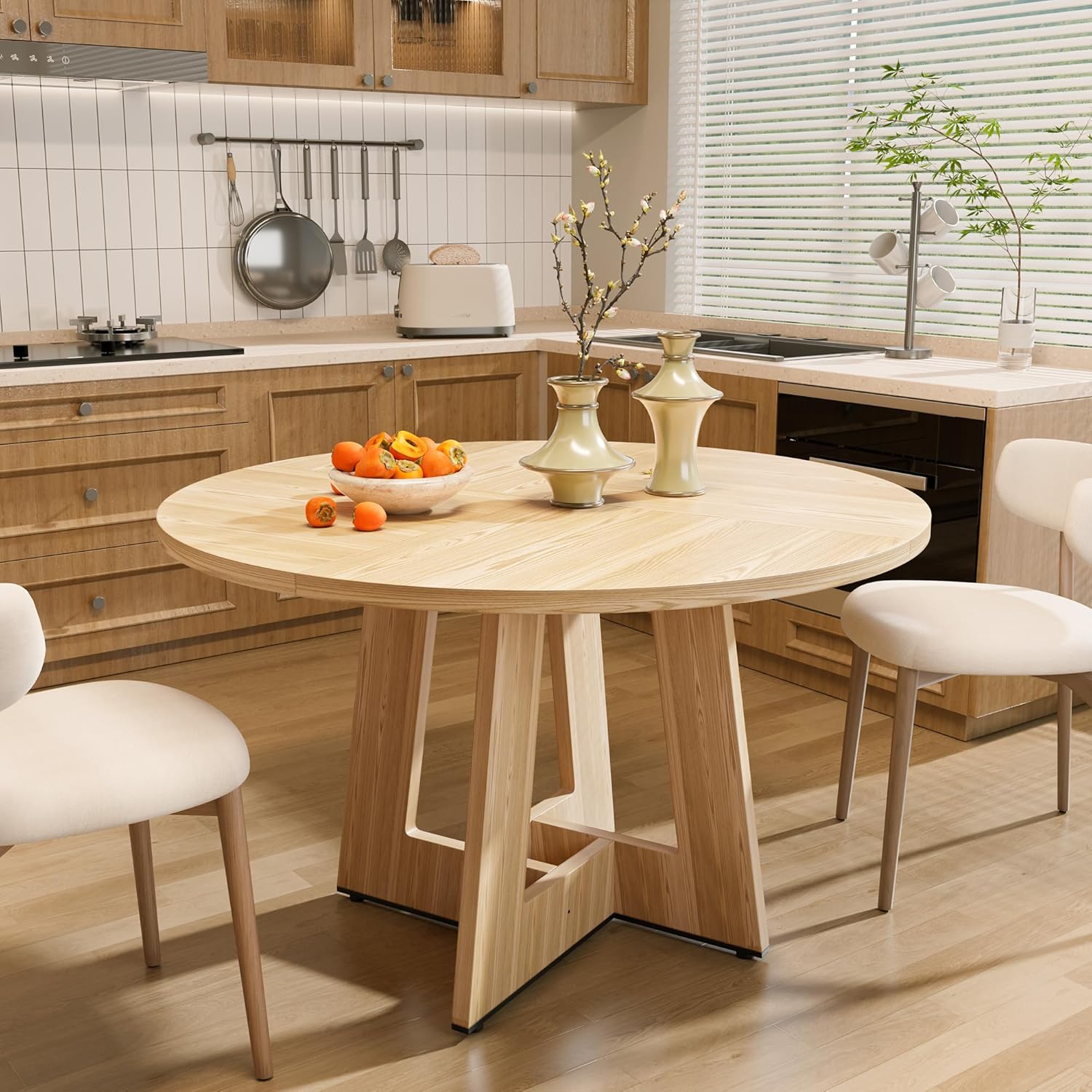 YOUDENOVA - Table rétro 120 cm, bois rond, 4-6 personnes, salle à manger