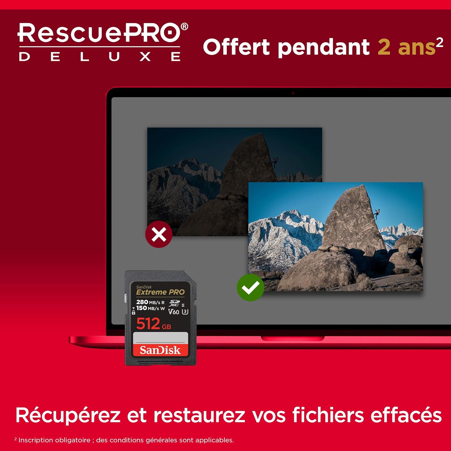 SanDisk - Extreme PRO série - SDXC 512 Go - Vitesse 280 Mo/s, UHS-II, V60, 6K, 4K UHD, RescuePRO Deluxe