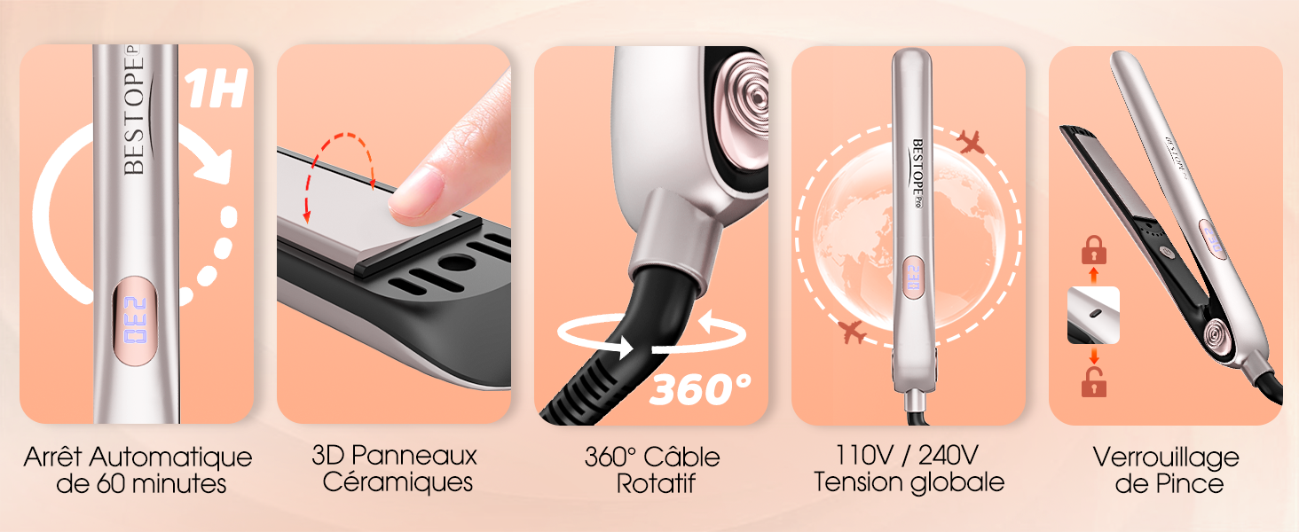 présentant cinq caractéristiques d'un outil de coiffage, notamment le curling automatique, le contrôle de la température et diverses fonctions de coiffage sur fond corail