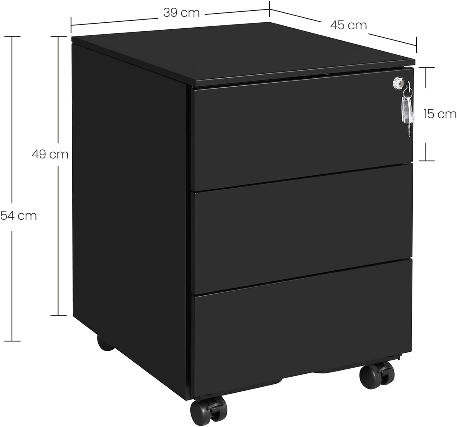 SONGMICS - caisson de bureau à roulettes 45x39x54 cm, 3 tiroirs, verrouillable, métallique, prémonté, OFC63BK