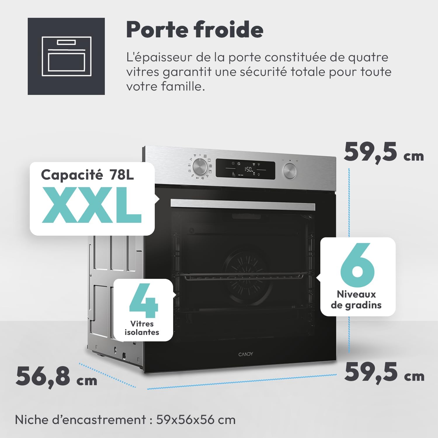 Candy - Four encastrable série WiFi - 59,5x59,5x56,8cm - Pyrolyse, chaleur tournante, porte froide, cavité XXL