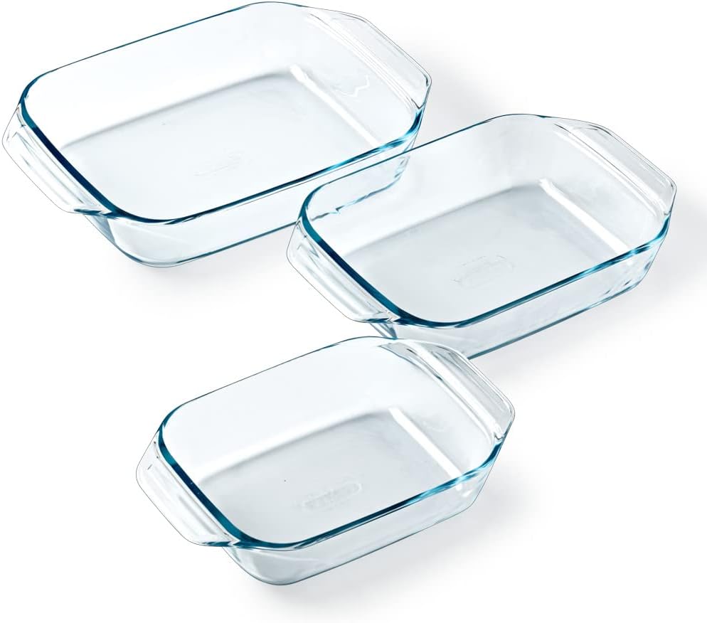 Pyrex - Lot de 3 plats rectangulaires - 3 tailles - verre borosilicate, poignées larges, compatible lave-vaisselle