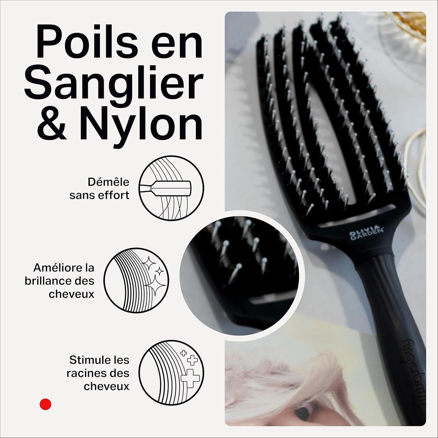Olivia Garden - Fingerbrush Care Iconic - brosse démêlante sanglier & nylon - brillance et coiffage lisse