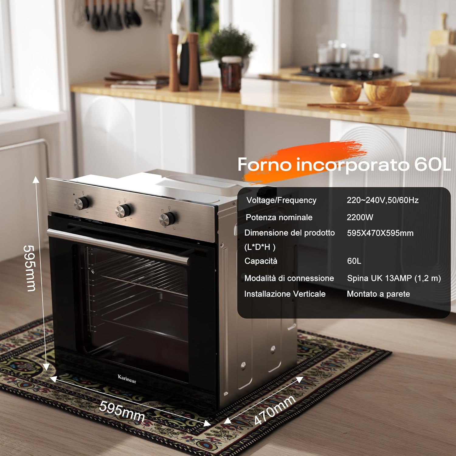 Karinear - four encastrable 60 L - 60 cm, chaleur tournante, 6 programmes