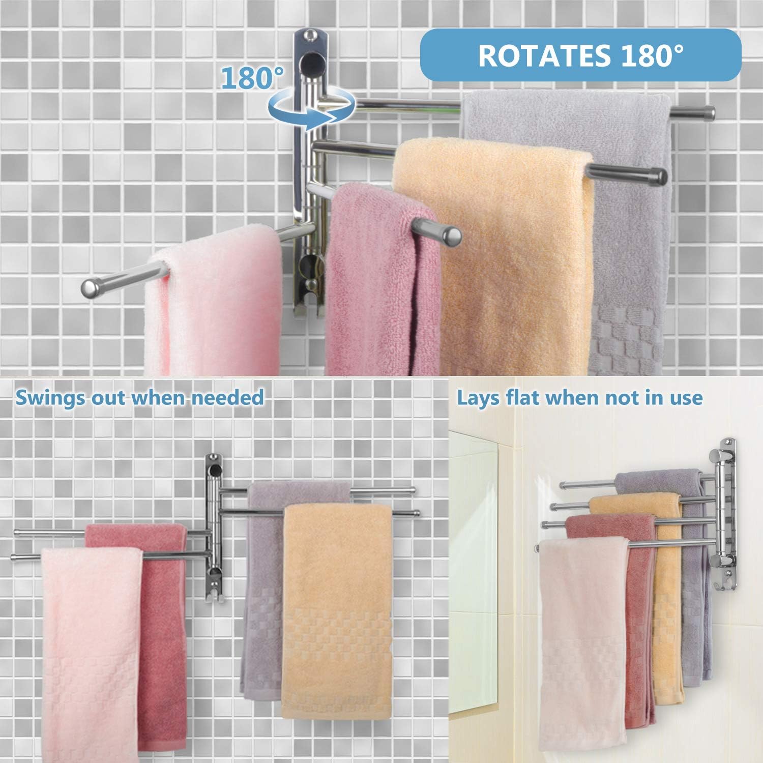 JSVER - porte-serviettes rotatif 4 barres inox 180° - montage mural salle de bain - SUS304