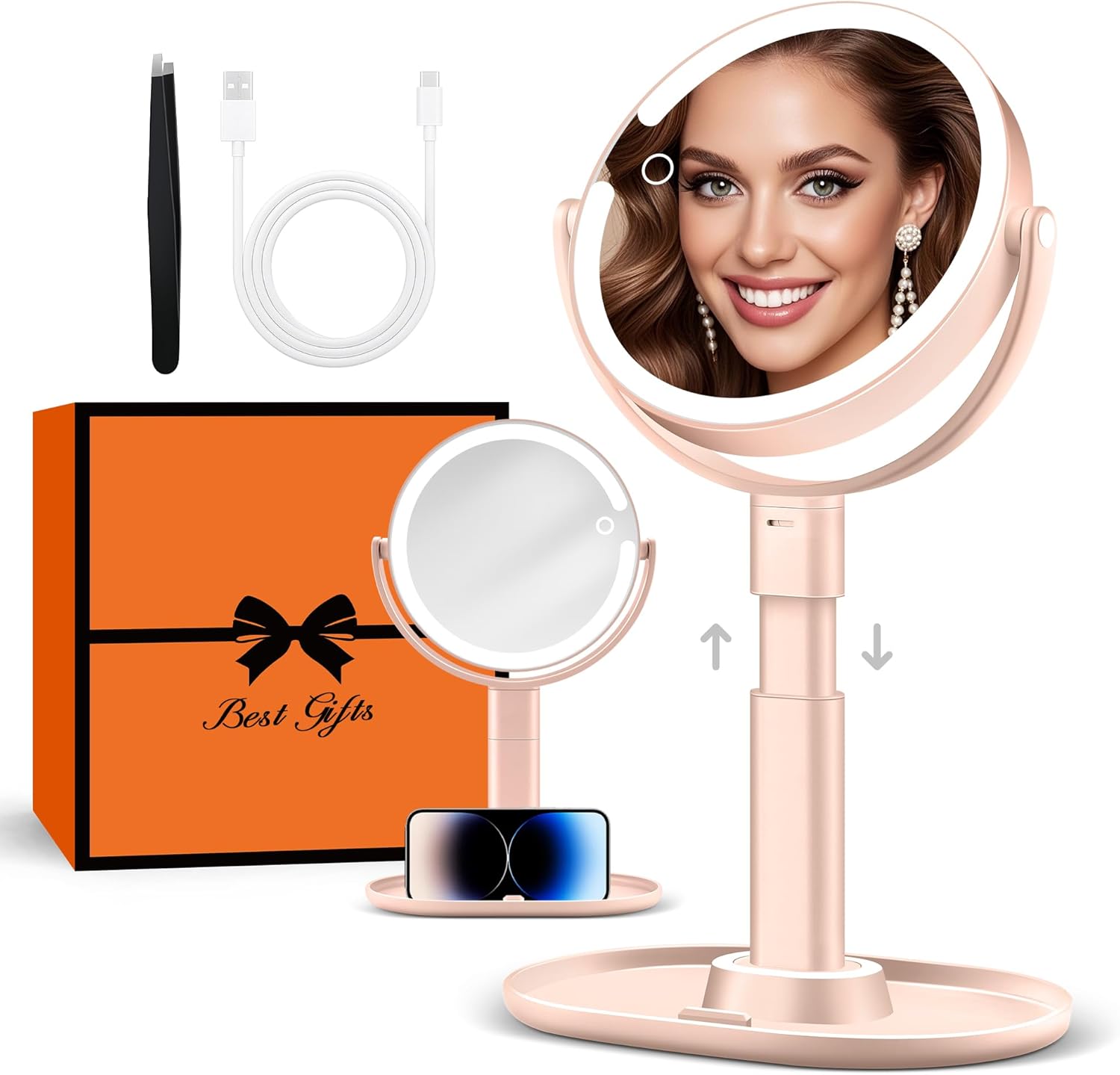 B Beauty Planet - miroir maquillage LED 30X, 2 côtés, 3 lumières, rose