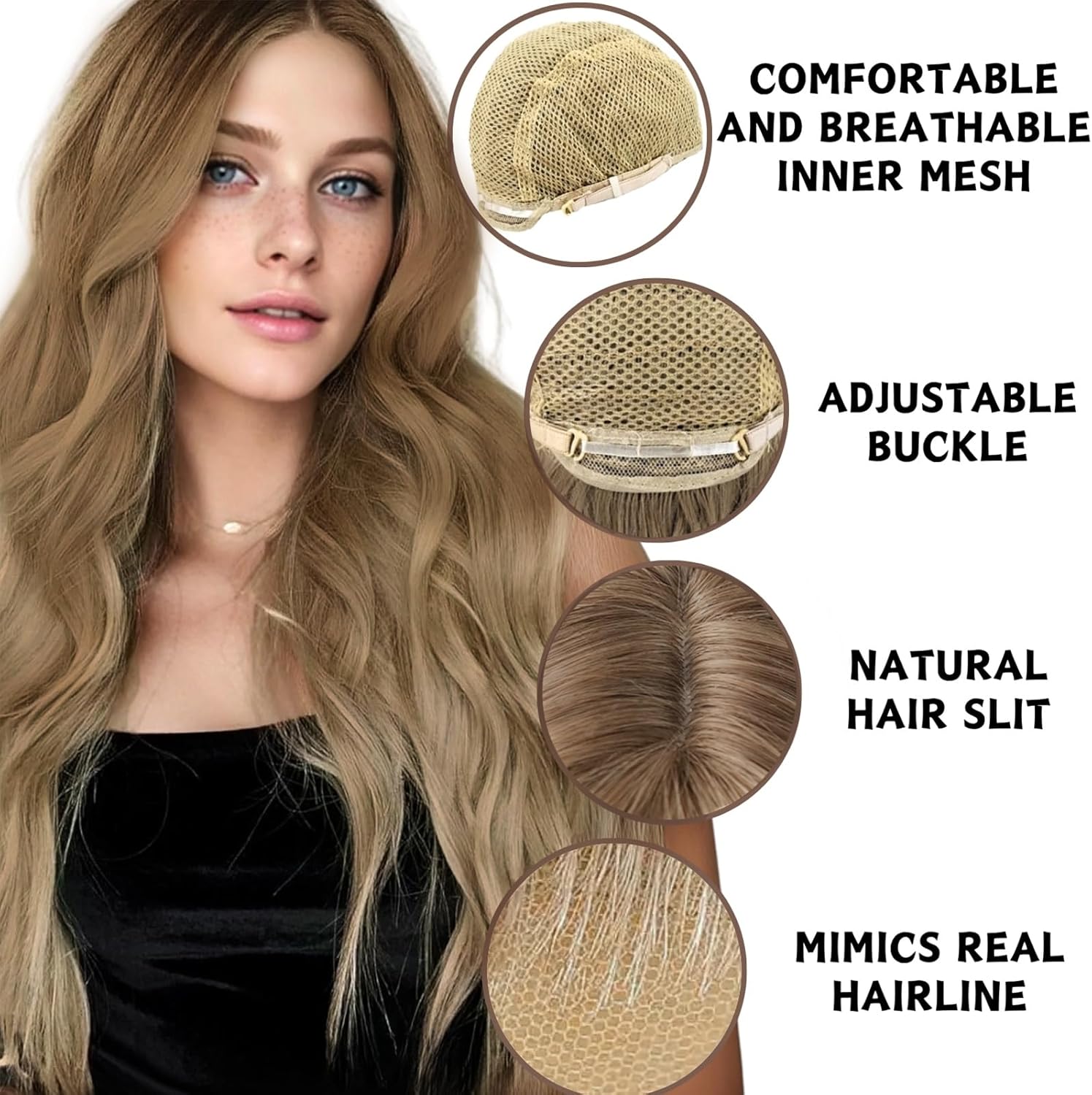 Perruque longue ondulée femme 68cm, synthétique, centre, blonde