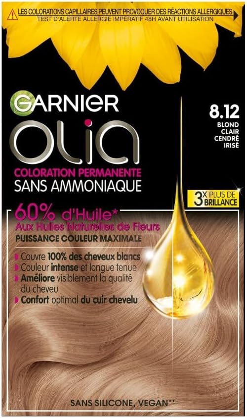 Garnier - Olia - coloration permanente sans ammoniaque, huiles de fleurs, blond clair cendré irisé 8.12