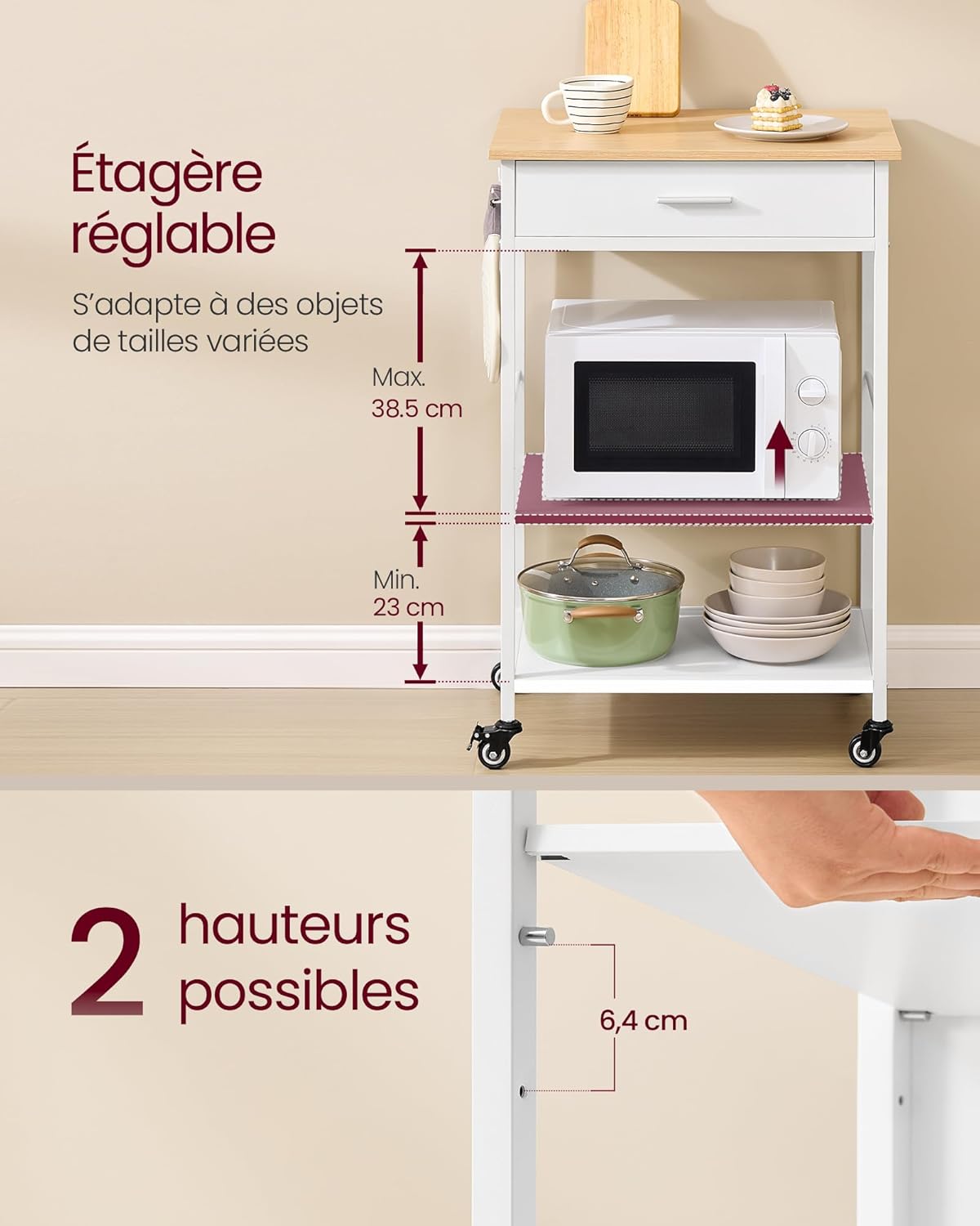 VASAGLE - îlot cuisine mobile, 45x60x90 cm, tiroir, crochets, KKI007Y01