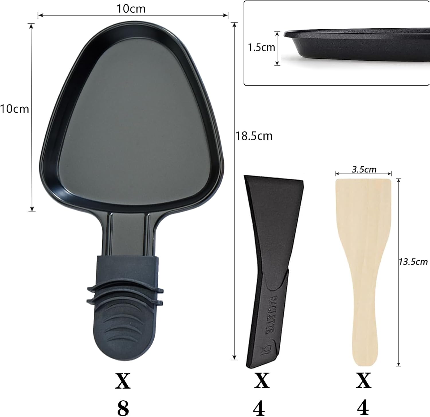 Poêlon raclette triangulaire - 8 pièces, antiadhésif, spatules incluses, noir