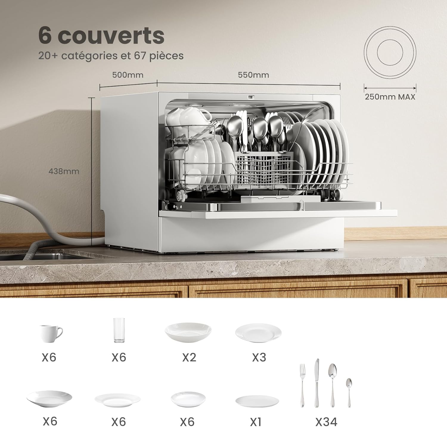 COMFEE' - lave-vaisselle compact TD602E-W, 6,5L, blanc, LED, 47 dB