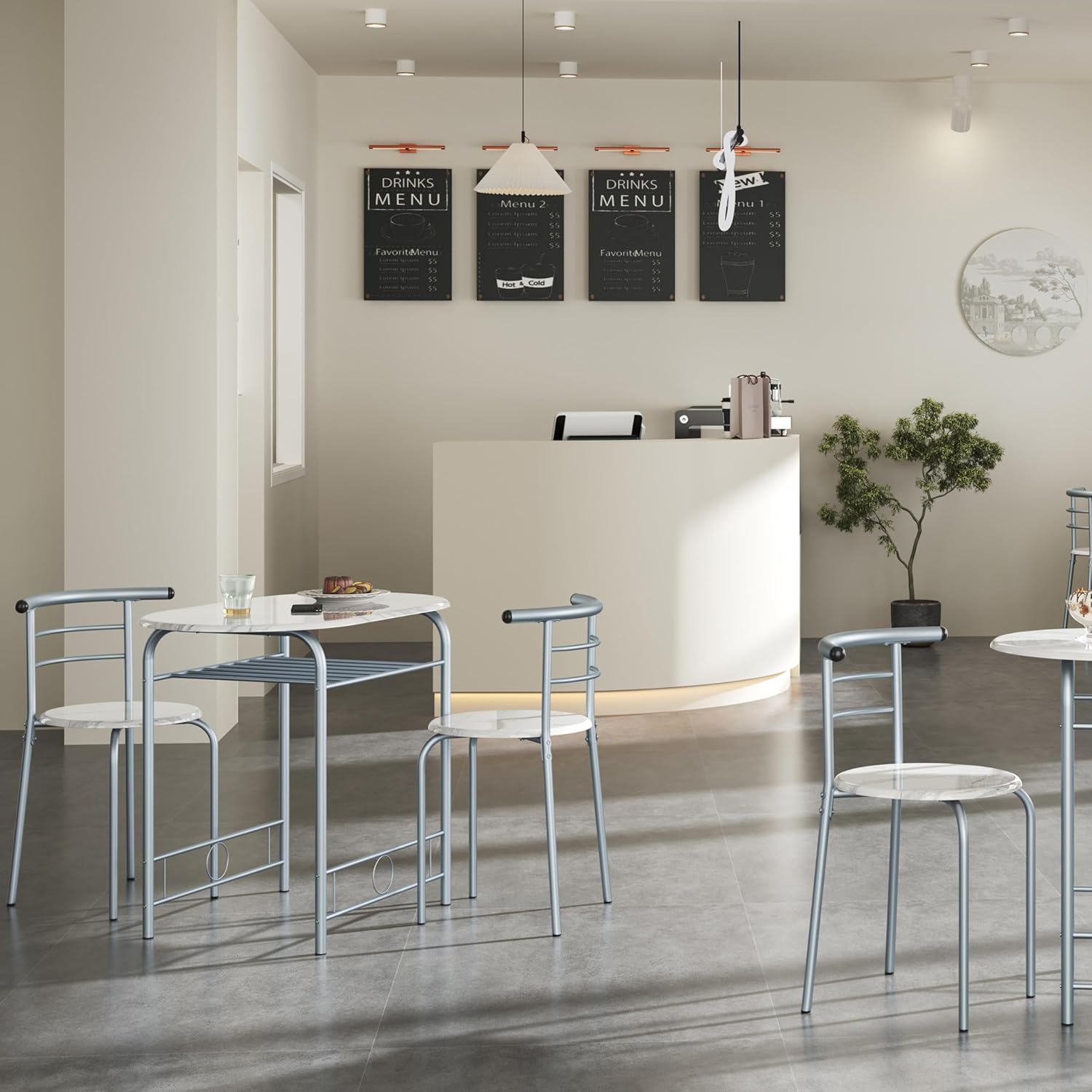 Yaheetech – Ensemble table ronde, 2 chaises, bois MDF, métal, porte-bouteilles, pour petit espace, Studio Blanc