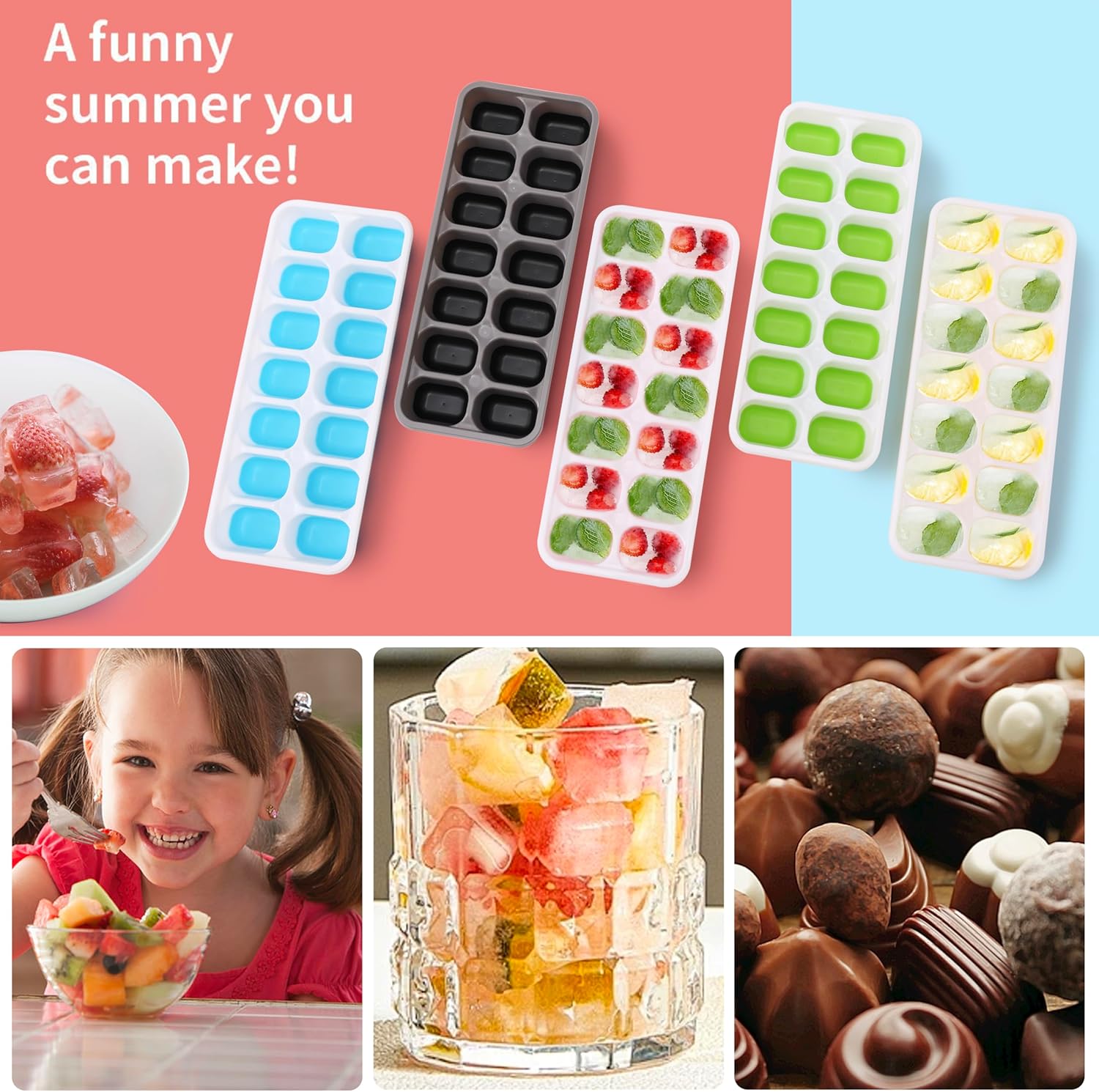 Bacs à glaçons silicone - 4 pièces - empilables, sans BPA, couvercle