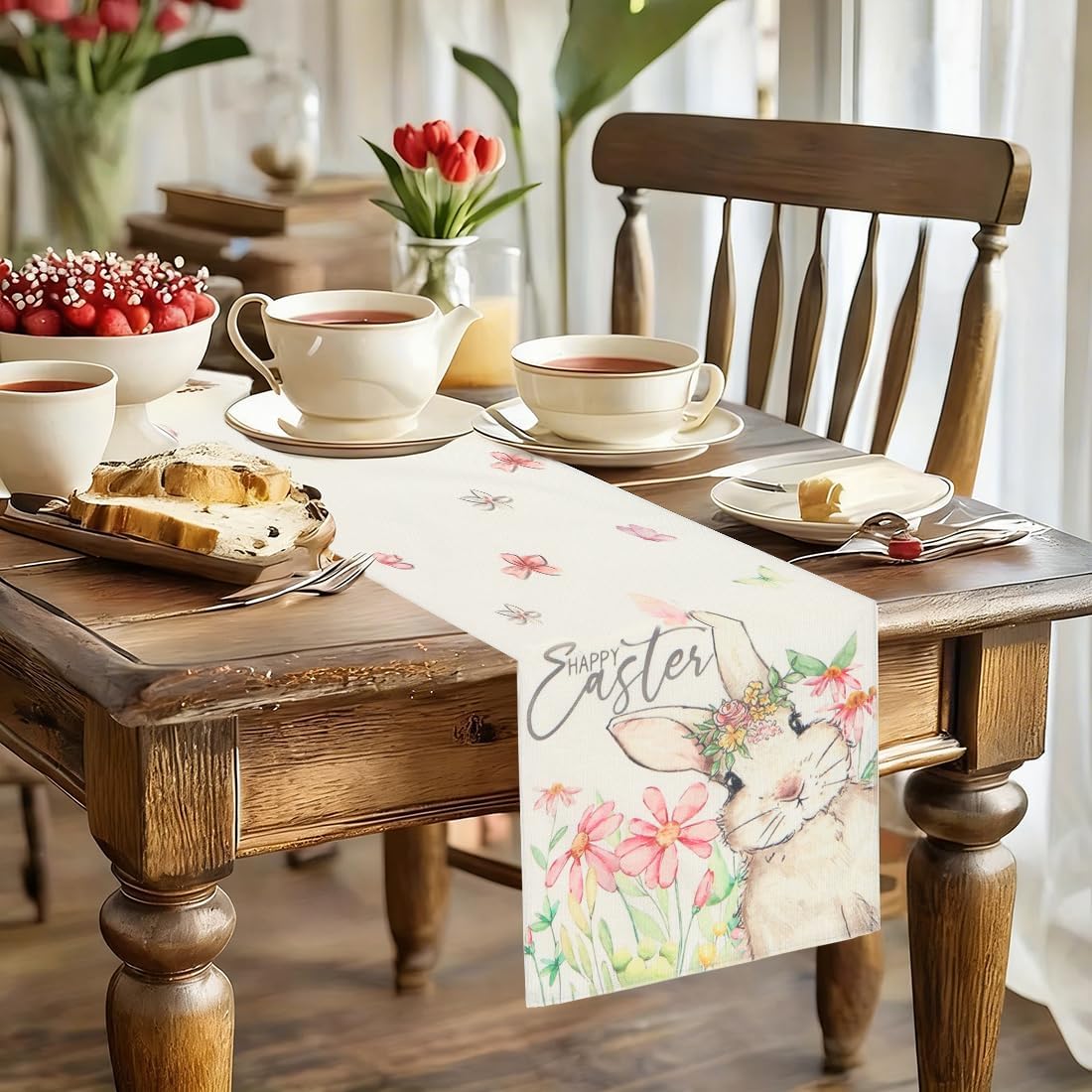 Chemin de Table - motif lapin printemps - 33x180 cm - lavable, déco cuisine salon