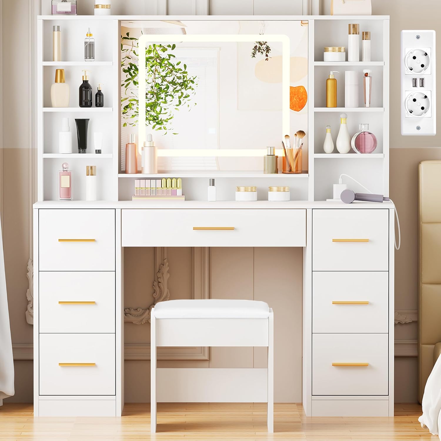 ANWBROAD - Grande coiffeuse LED, 140x100x40cm, 7 tiroirs, miroir, BDT65W