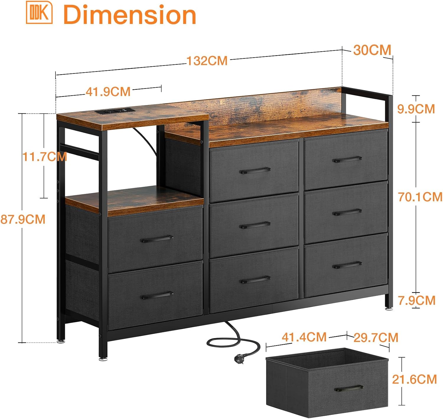 ODK - commode chambre vintage et noire - 132x30x88 cm - 2 ports USB, 2 AC, armoire à tiroirs multifonction