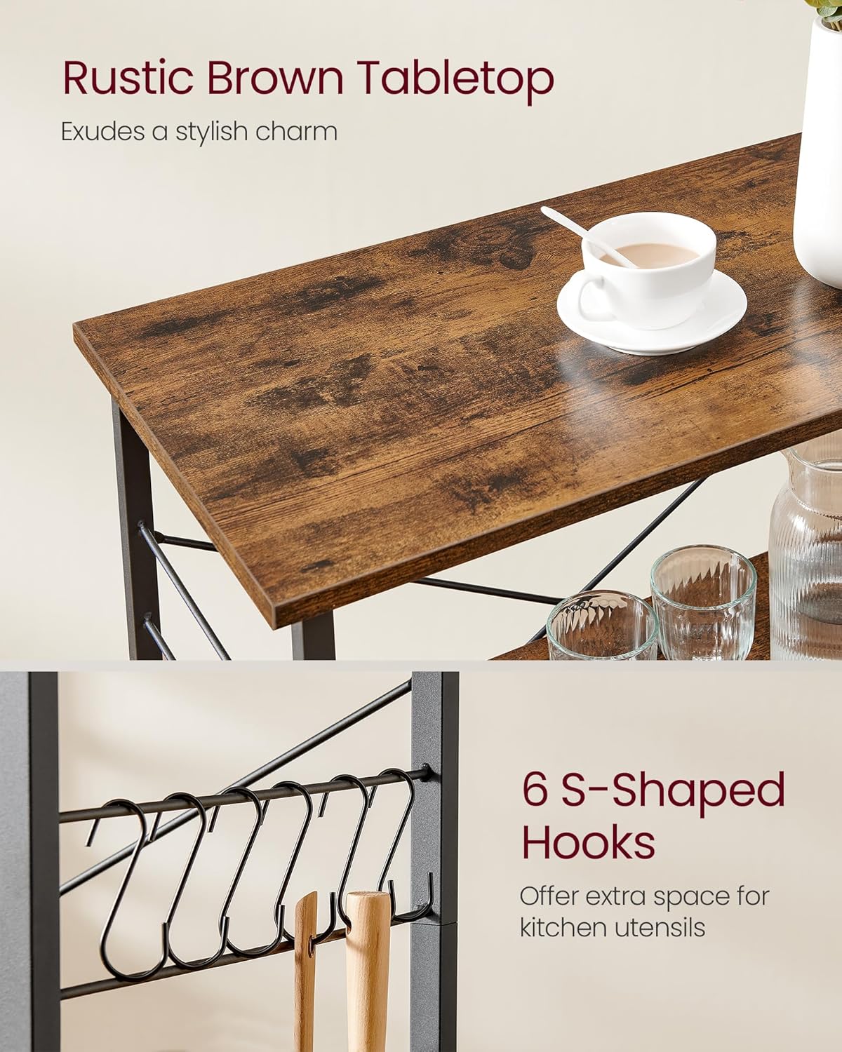 VASAGLE – étagère cuisine roulante – 40x60x89cm – 3 niveaux, 6 crochets, bois métal – KKS60XV1