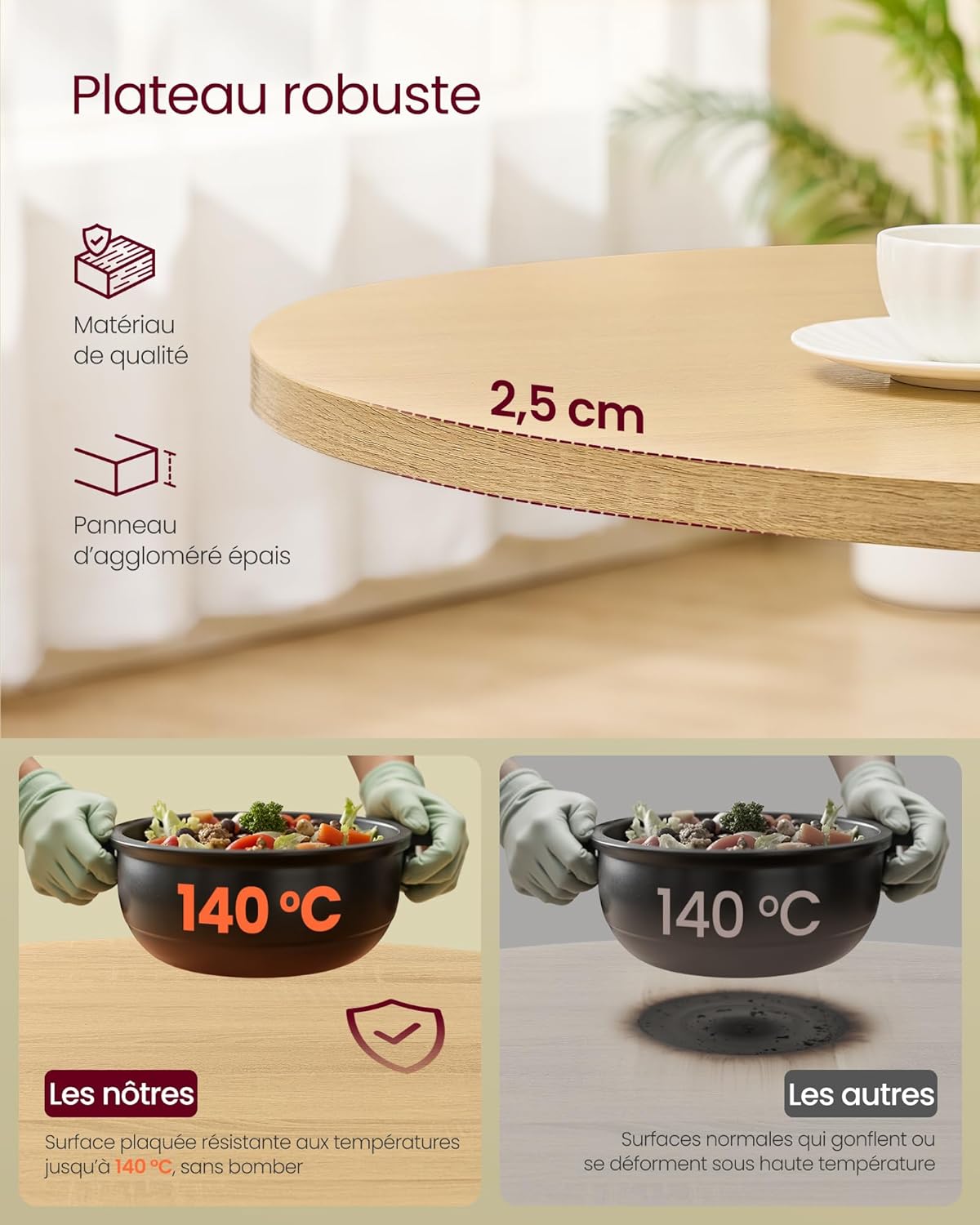 VASAGLE - Table ronde campagnarde - 80x74,8cm - résiste à l'eau, 4 personnes, Doré Chêne - KDT082Y02