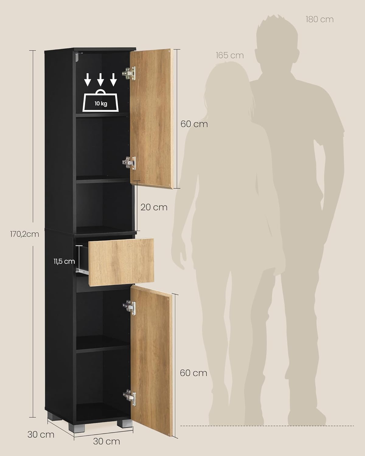 VASAGLE - armoire colonne salle de bain 30x30x170 cm tiroir étagères BBK560BC01