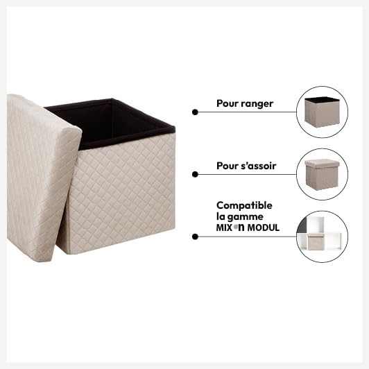 Five - pouf coffre velours beige lin 31x31 cm - assise et rangement
