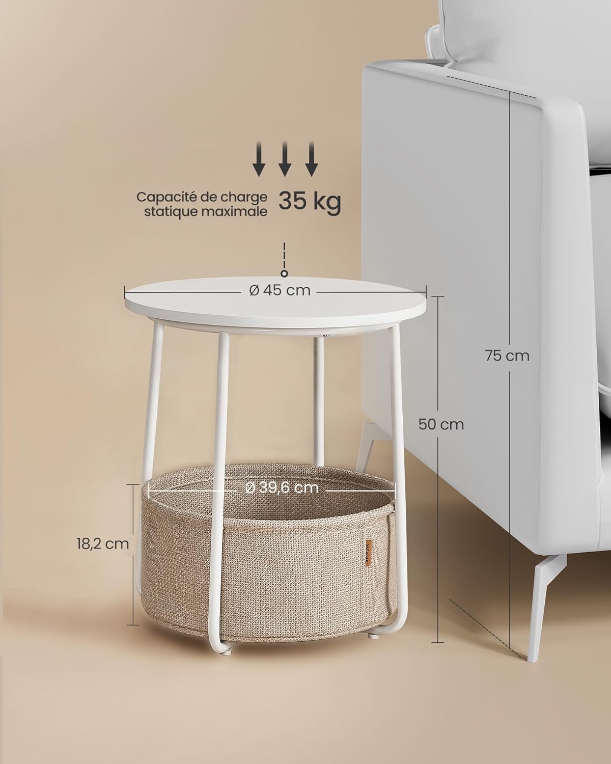VASAGLE - Petite table basse ronde - compacte, panier tissu, blanc/marron LET223W10
