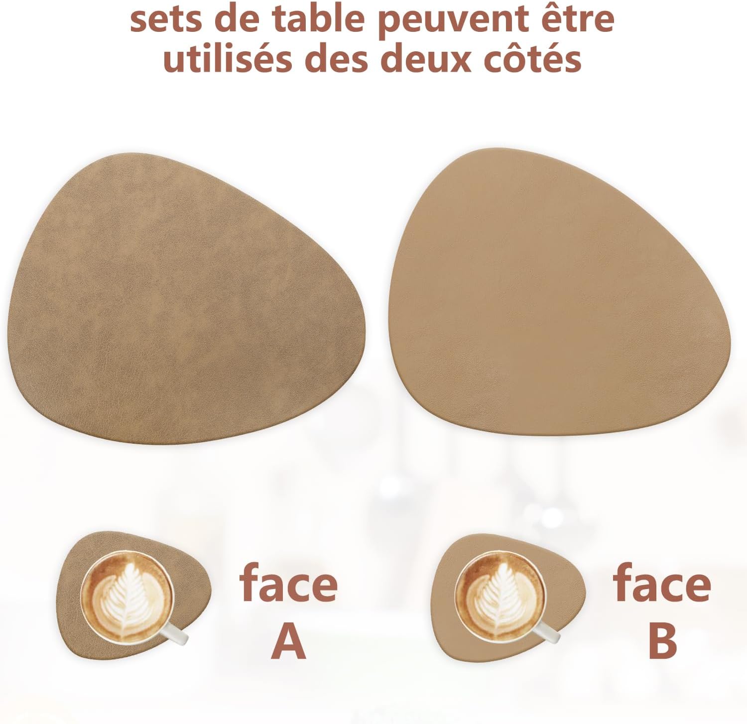 Sets de Table - lot de 4, cuir PU double face, 41x33cm, lavable, antidérapant