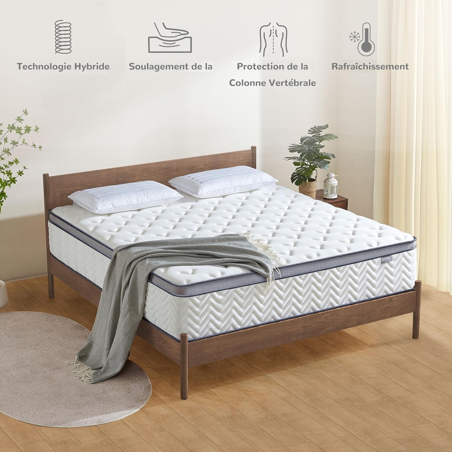 Matelas hybride 120x190cm, mi-ferme, mémoire de forme, hypoallergénique