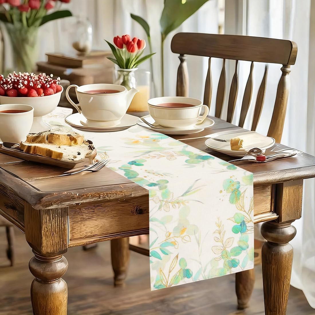 Chemin de table - imprimé feuilles vertes - 33x180 cm - lavable, déco cuisine et salon