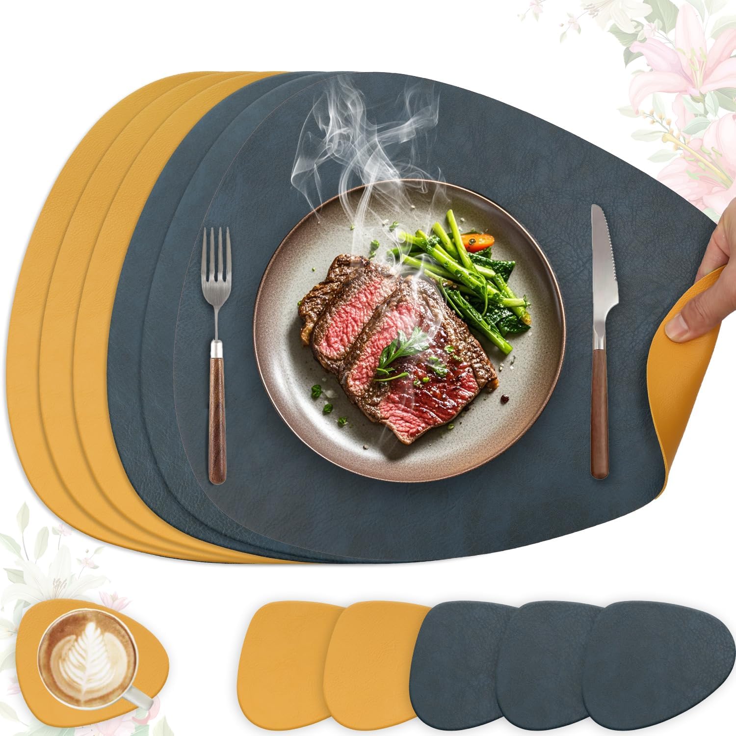 Set de table - lot de 6 ovale 41x33cm - lavable, antidérapant, PU double face