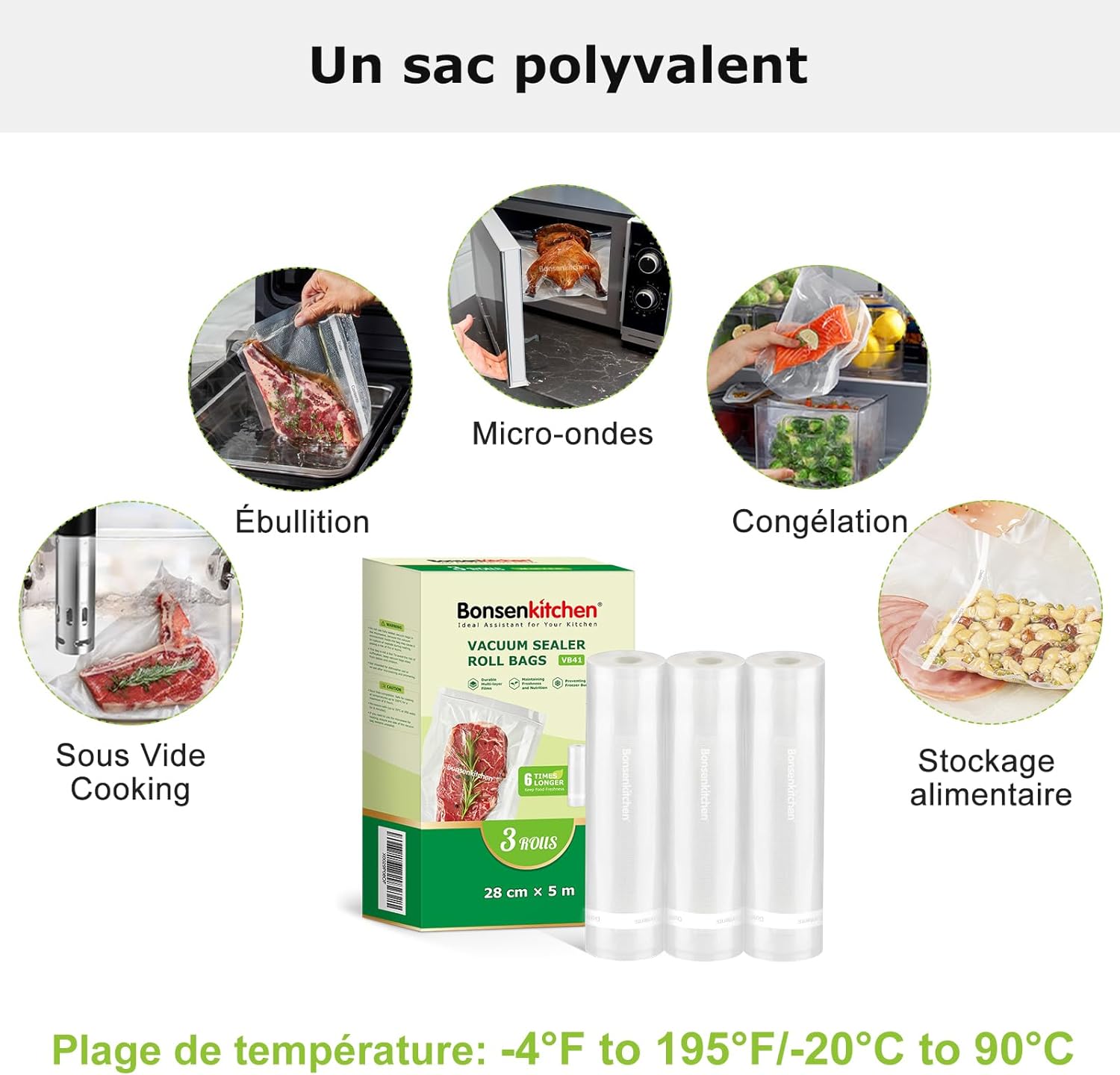 Bonsenkitchen - sacs sous vide VB41 - 28x500cm - 3 rouleaux, sans BPA