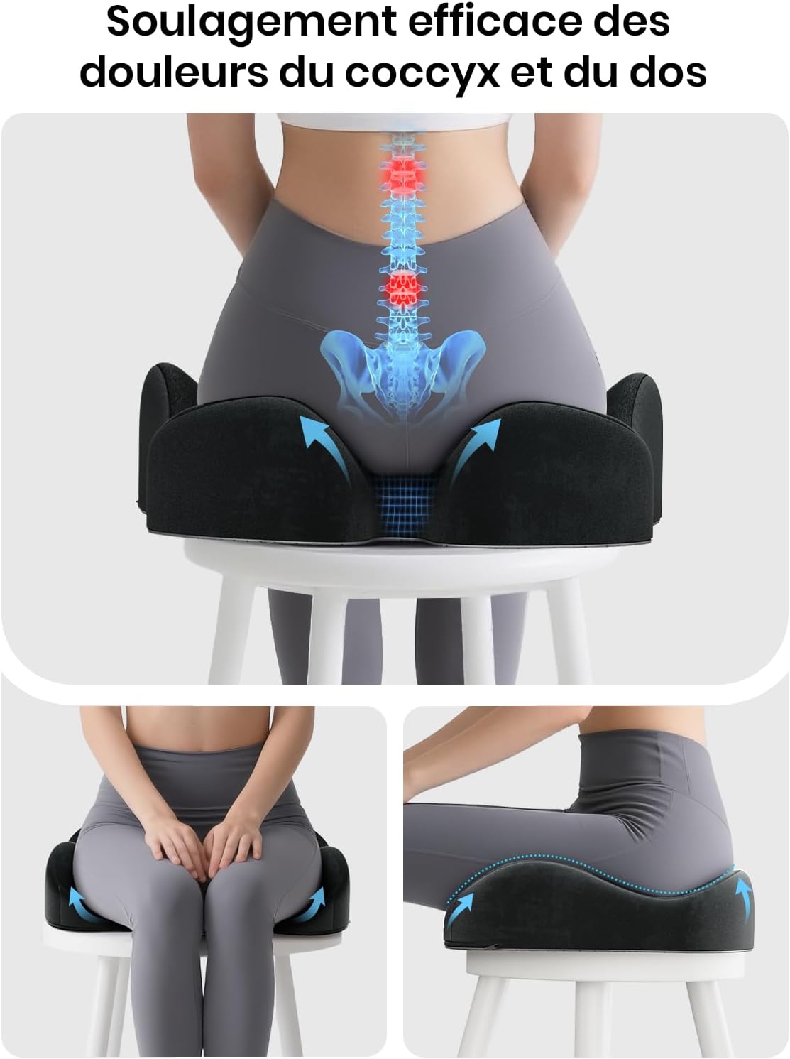 Benazcap - Coussin Coccyx ergonomique - mousse mémoire, soulage hanches et sciatique, pour bureau, fauteuil, voiture