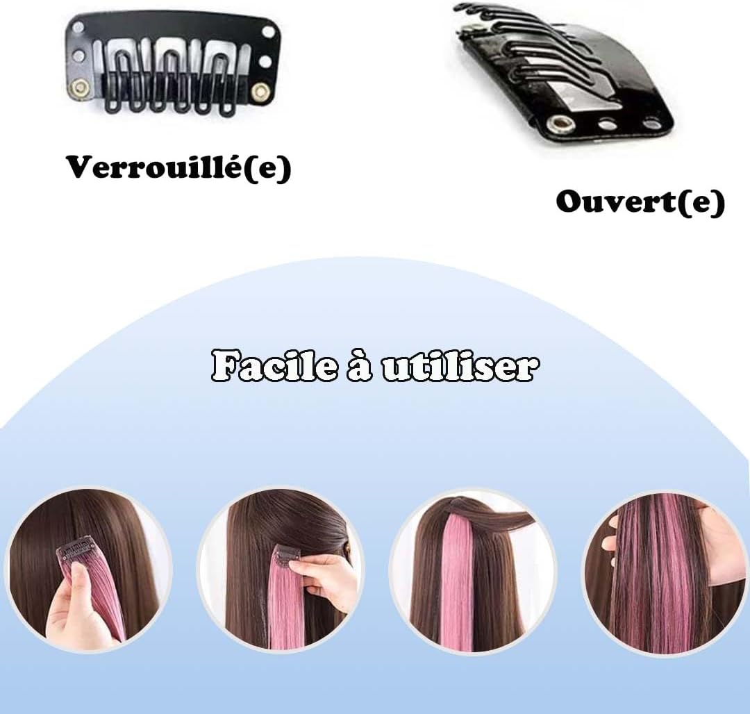 Extensions de cheveux - mèches colorées à clipser, 12 pcs, blanc